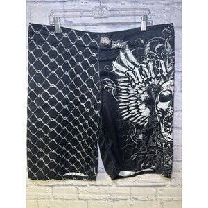 MMA ELITE Mens SHORTS Y2K All Over Print Skull Grunge Punk STYLE Size L BLACK